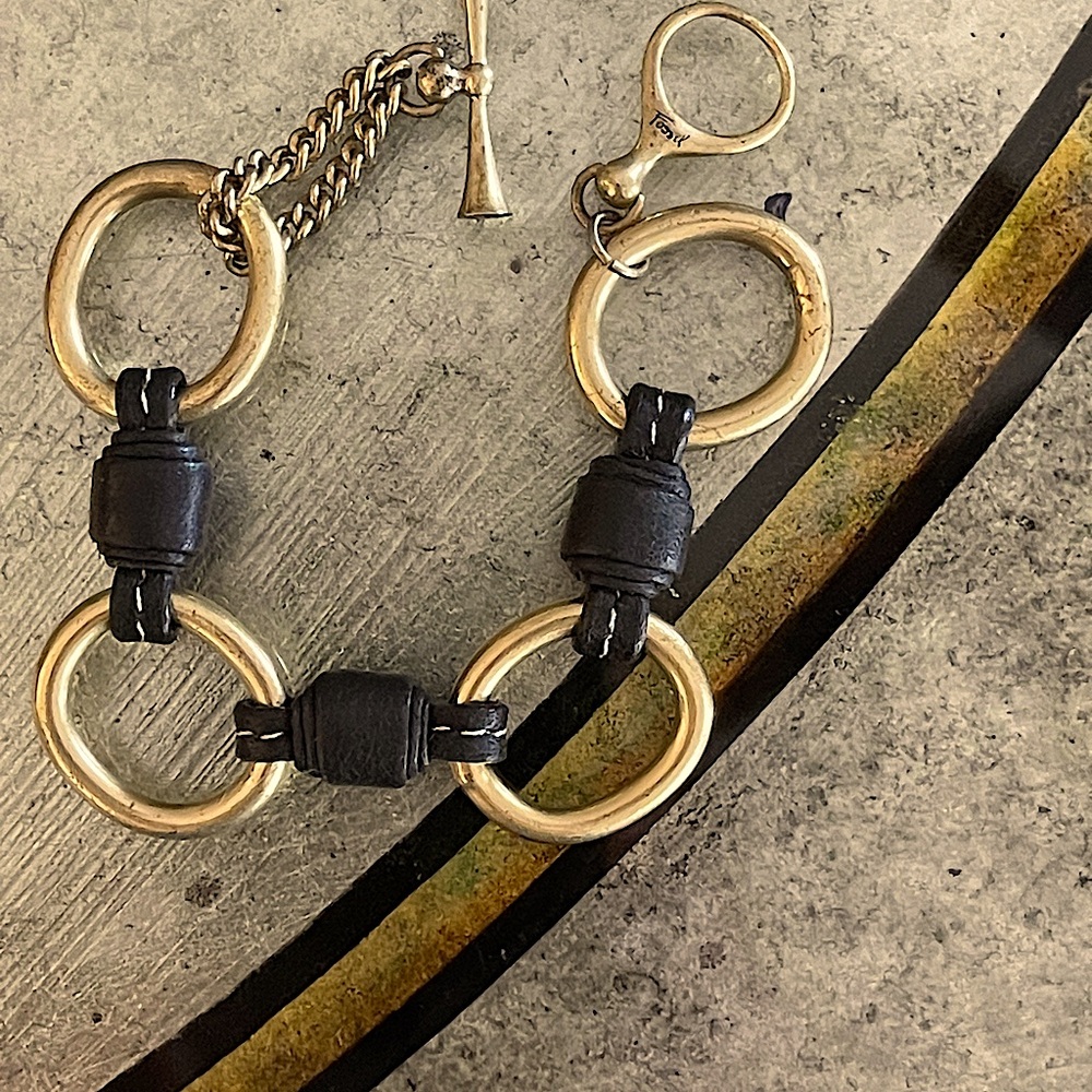 Artisan Leather and Brass Bracelet, Black/Gold, EUC, $43